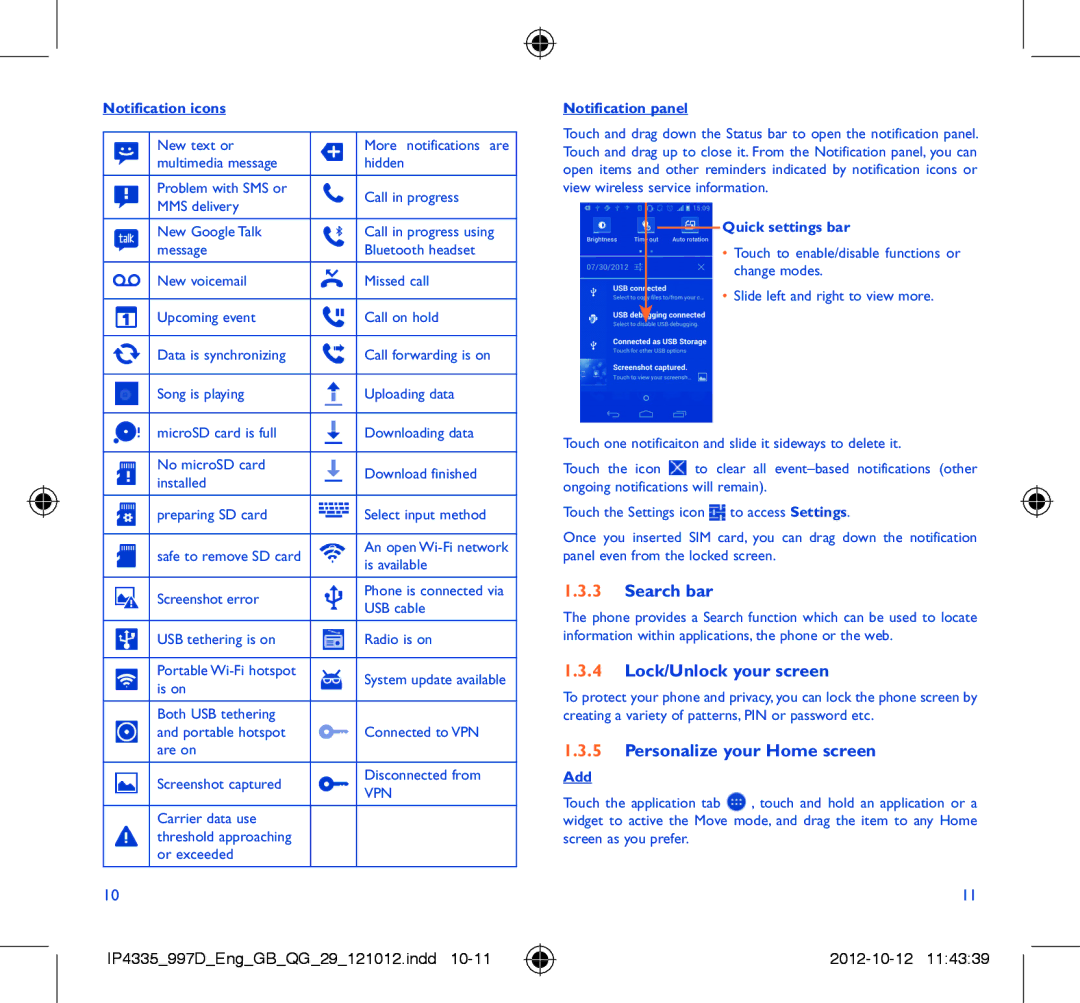 Alcatel ONE TOUCH 997/997D/998 manual Search bar, Lock/Unlock your screen, Personalize your Home screen 