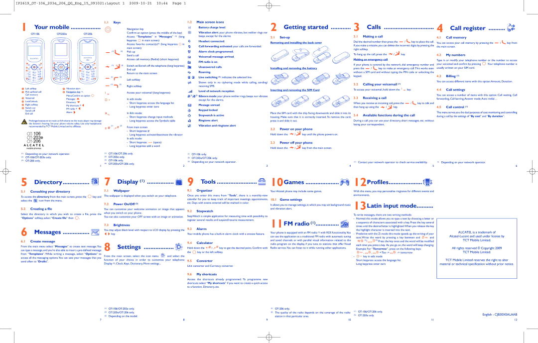 Alcatel OT-206 manual Directory Display Tools, 10Games 12Profiles, 11FM radio 13Latin input mode, Messages, Settings 