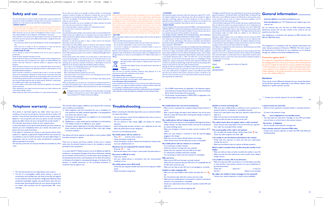 Alcatel OT-106, OT-206 manual Safety and use, General information, Telephone warranty, Troubleshooting, Disclaimer 