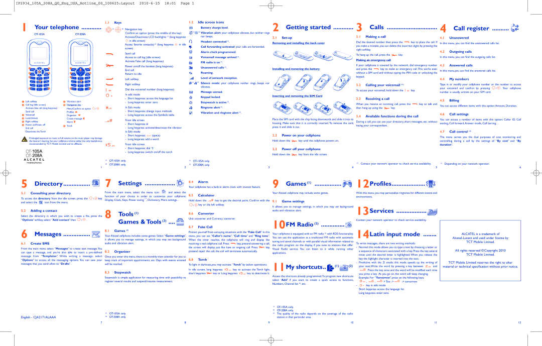 Alcatel OT-208A manual Directory Settings, Games 12Profiles, Messages, Tools1 Games & Tools2, 13Services, 10FM Radio 