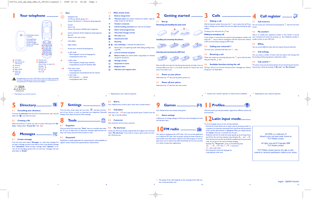 Alcatel 222A manual Your telephone, Getting started Calls Call register, Directory Settings, Games 11Profiles, Messages 
