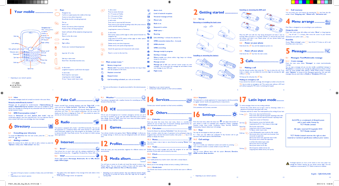Alcatel OT-255 manual Your mobile, Getting started, Menu arrange, Calls, Messages, Fake Call, Services, Latin input mode 