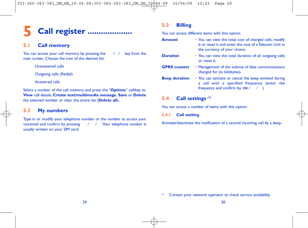 Alcatel OT-303, OT-363, OT-360, OT-383 manual Call register, Call memory, My numbers, Billing, Call settings 