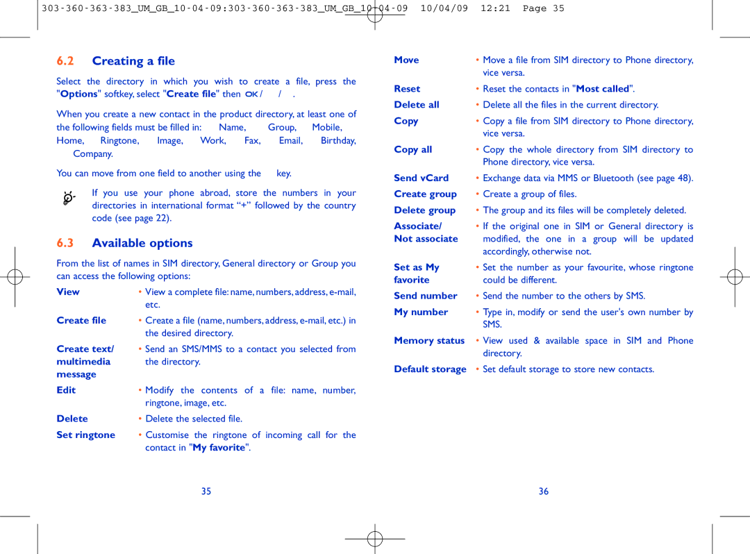 Alcatel OT-383, OT-303, OT-363, OT-360 manual Creating a file, Available options 