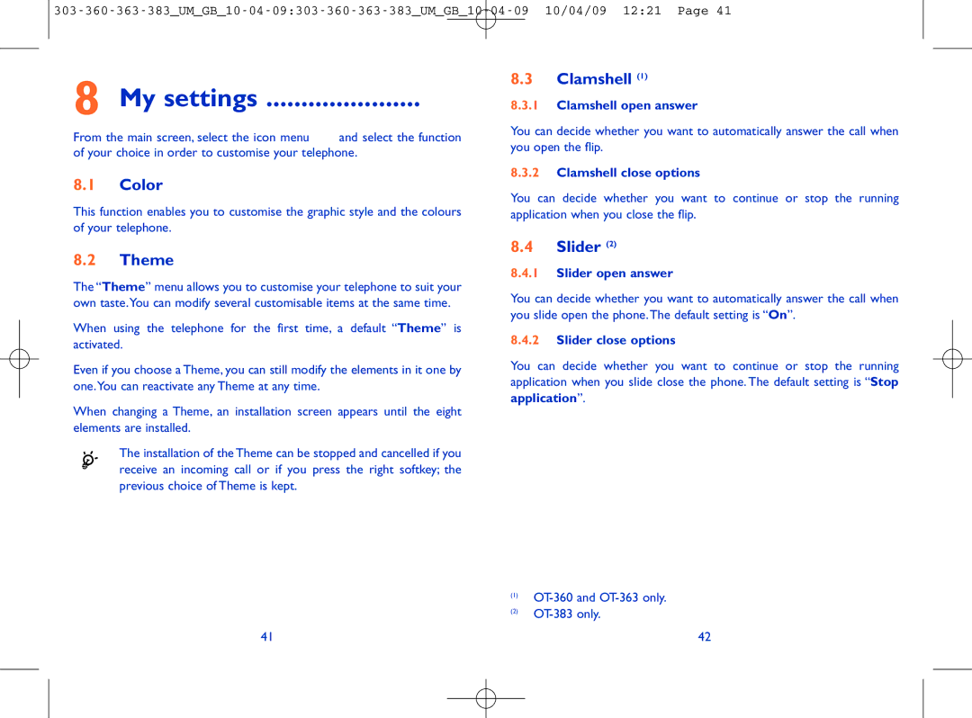 Alcatel OT-360, OT-303, OT-363, OT-383 manual My settings, Color, Clamshell, Theme, Slider 