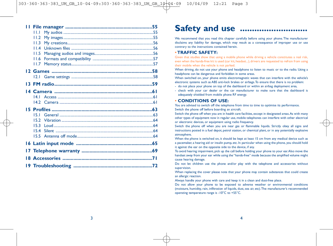 Alcatel OT-383, OT-303, OT-363, OT-360 manual Safety and use, File manager 