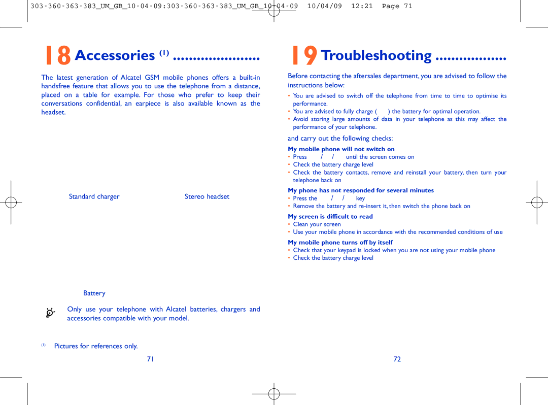 Alcatel OT-363, OT-303, OT-360, OT-383 manual 18Accessories, 19Troubleshooting 