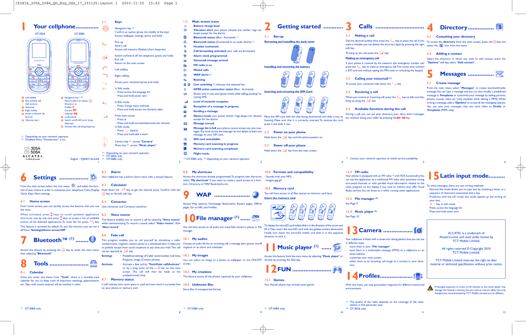 Alcatel OT-305A manual Your cellphone, Getting started Calls Directory, Messages, Settings, Wap, 10File manager, Bluetooth 