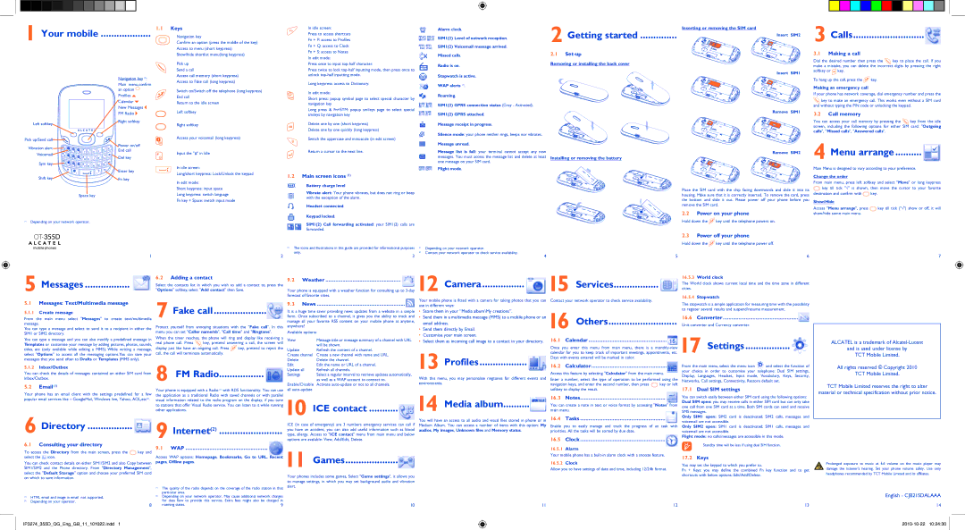 Alcatel OT-355D manual Your mobile, Getting started, Calls, Menu arrange, Messages, Camera, Fake call, Settings, Profiles 