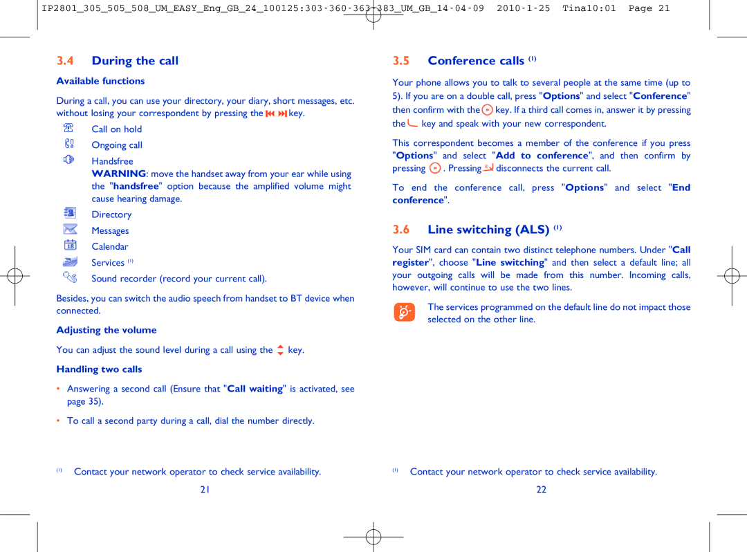 Alcatel OT-505 manual During the call Available functions, Conference calls, Line switching ALS 