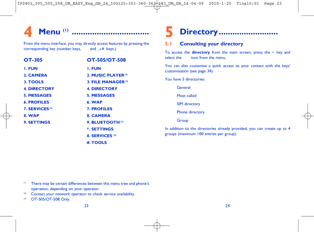 Alcatel manual Menu, Directory, OT-305 OT-505/OT-508, Consulting your directory 