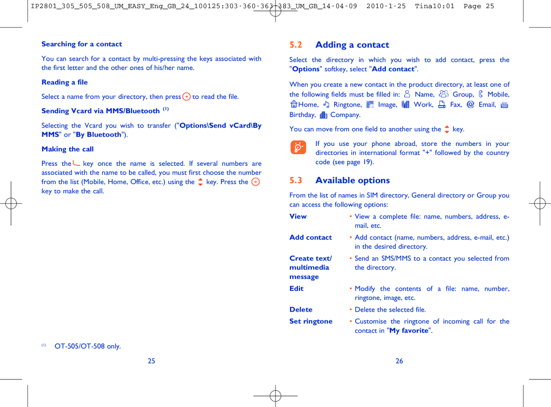Alcatel OT-505 manual Adding a contact, Available options 