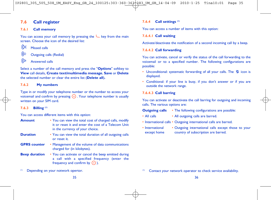 Alcatel OT-505 manual Call register 