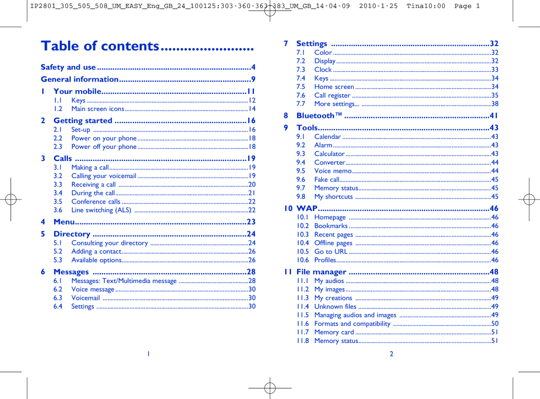 Alcatel OT-505 manual Table of contents 