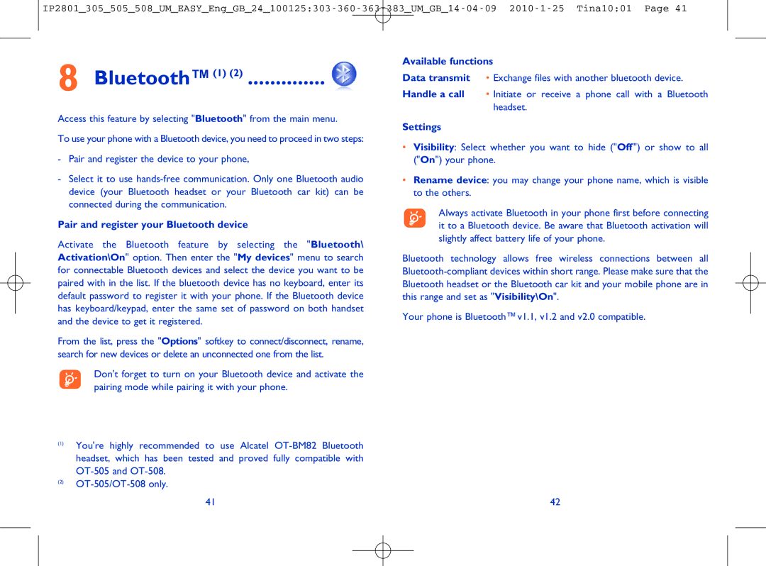 Alcatel OT-505 manual Bluetooth1, Pair and register your Bluetooth device, Available functions, Settings 
