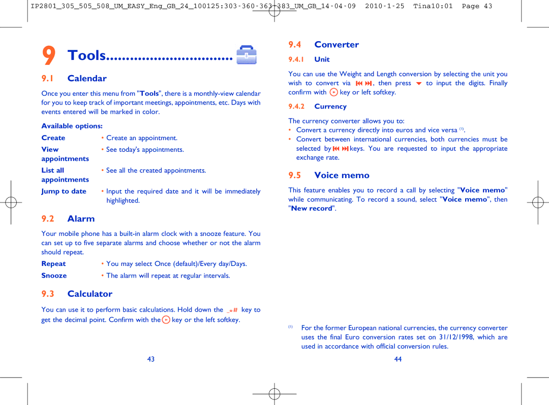 Alcatel OT-505 manual Calendar, Alarm, Calculator, Converter, Voice memo 