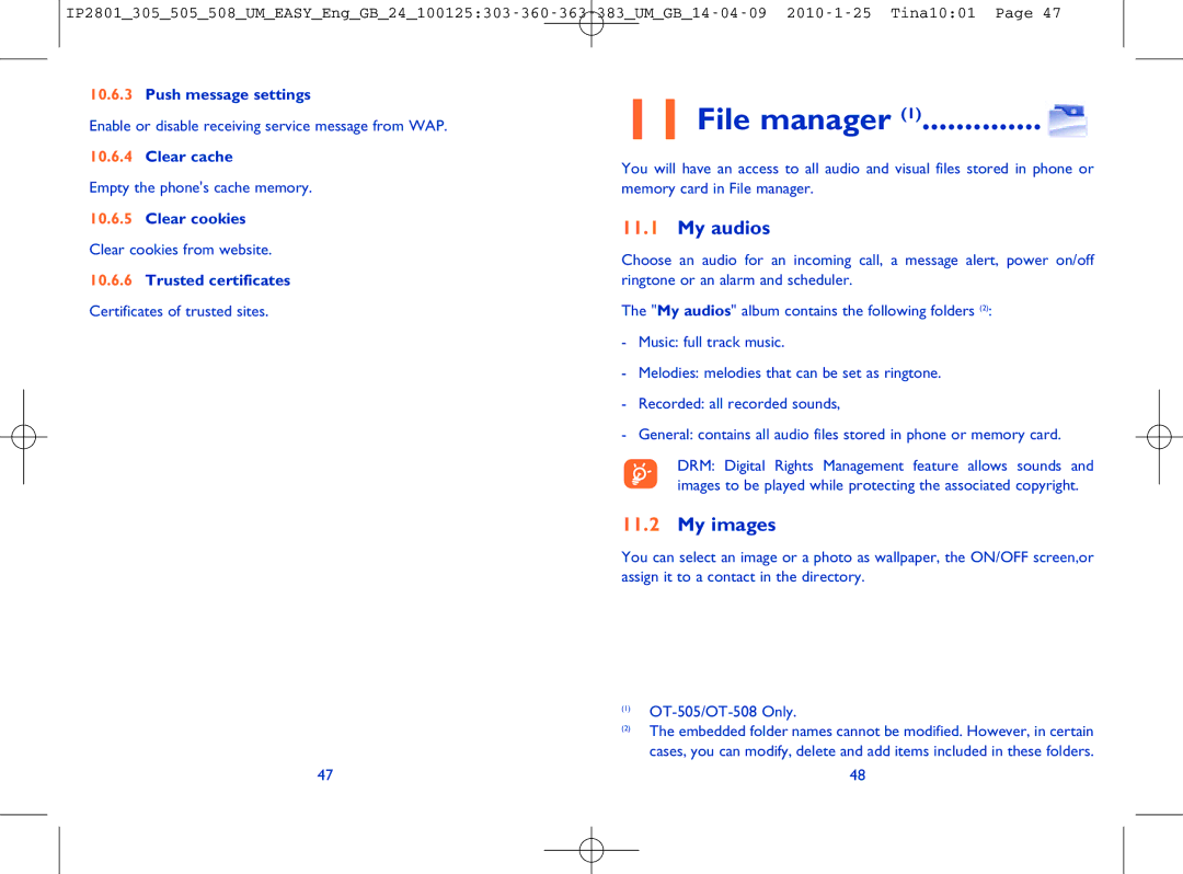 Alcatel OT-505 manual File manager, My audios, My images, Push message settings, Clear cache 