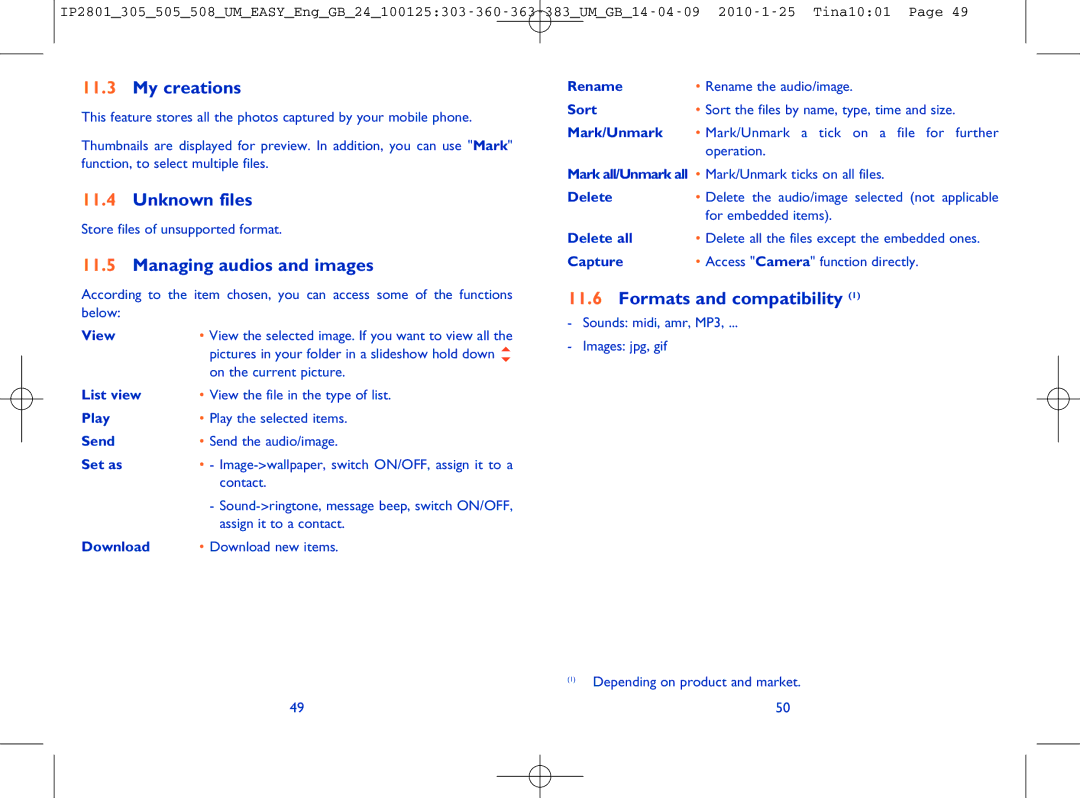 Alcatel OT-505 manual My creations, Unknown files, Managing audios and images, Formats and compatibility 