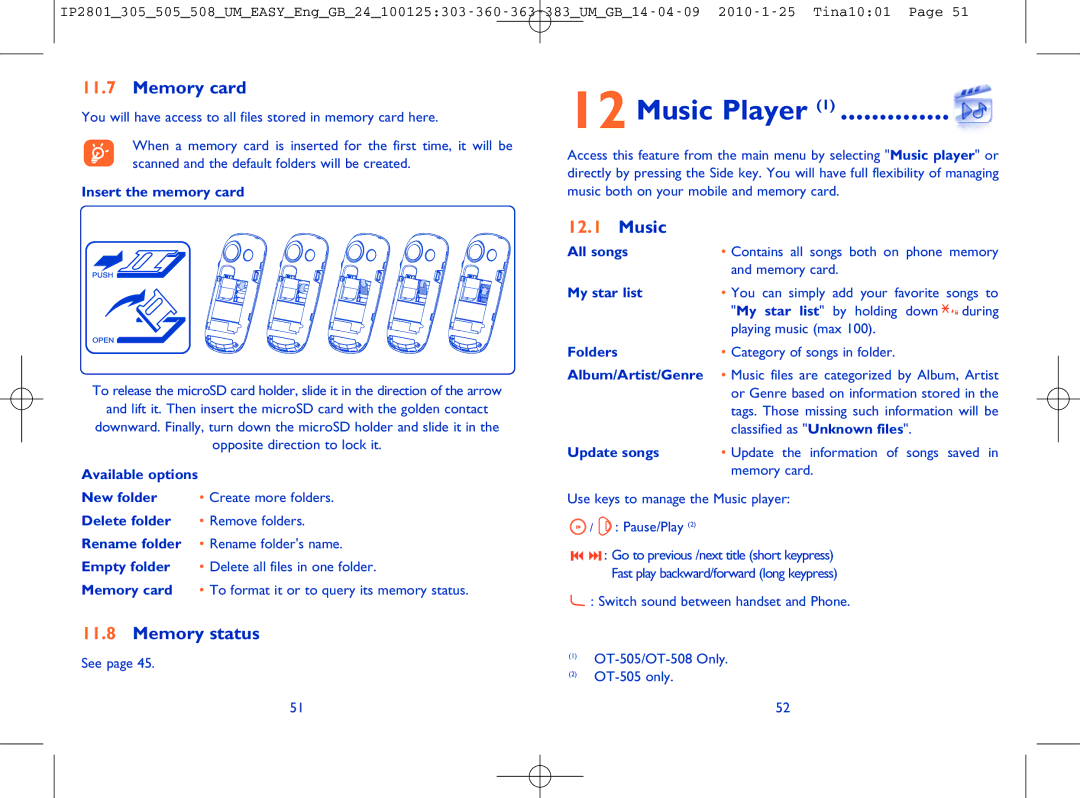 Alcatel OT-505 manual Music Player, Memory card, Memory status See 