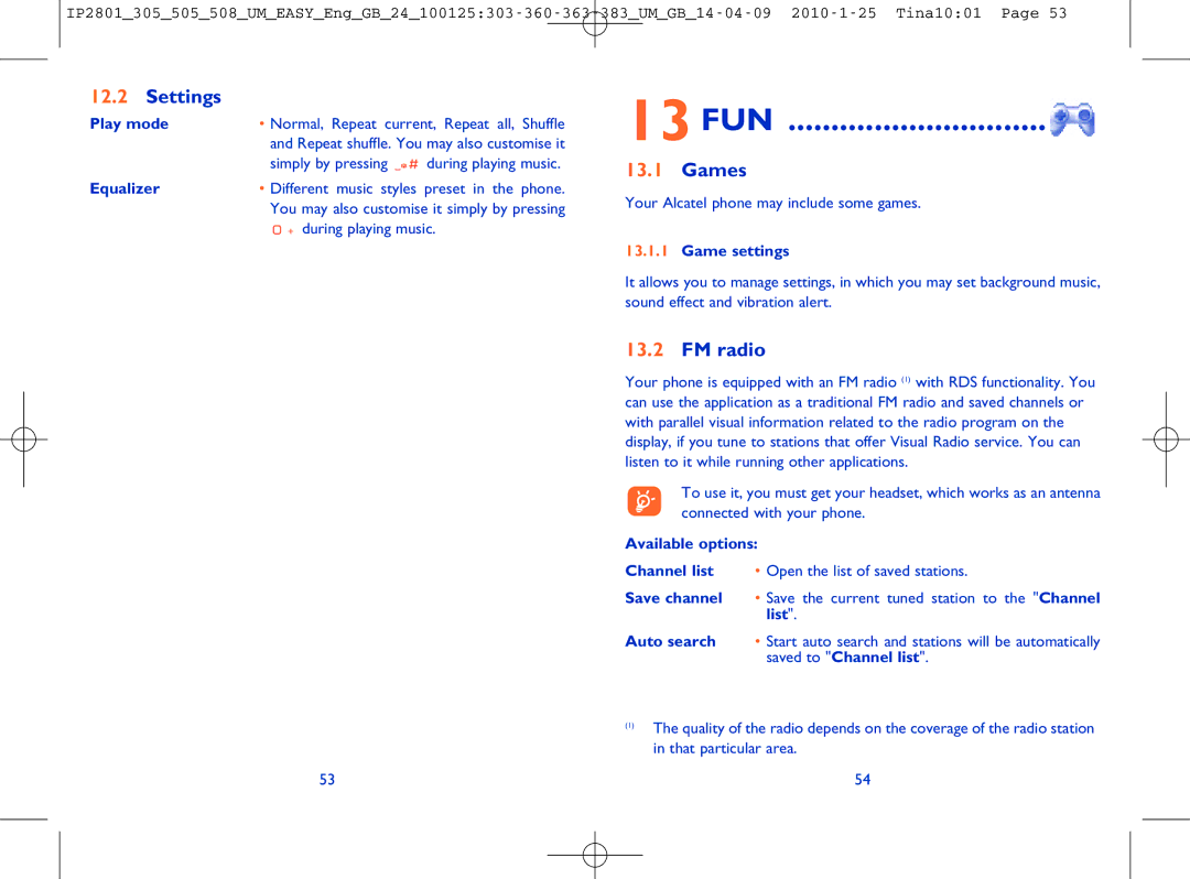 Alcatel OT-505 manual 13 FUN, Settings Play mode, FM radio, Equalizer, Game settings 