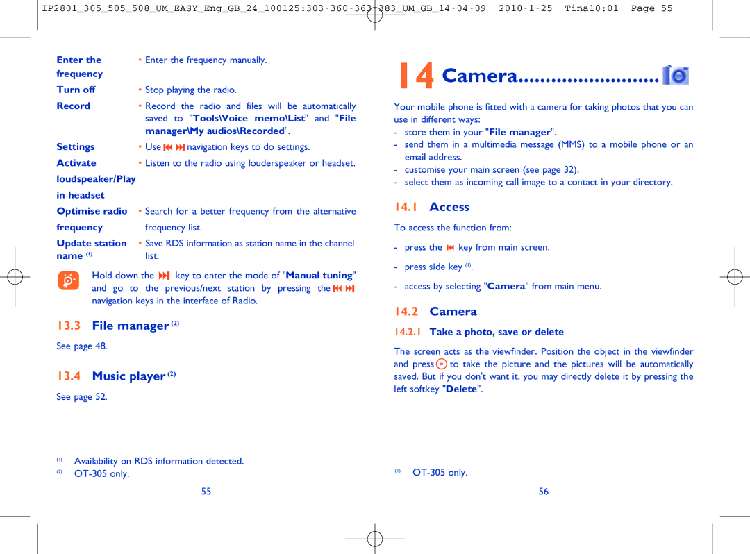 Alcatel OT-505 manual Camera, File manager, Music player, Access 