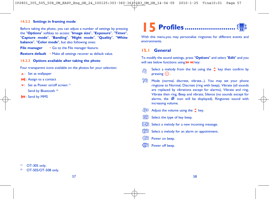 Alcatel OT-505 manual Profiles, General, Settings in framing mode, Options available after taking the photo 