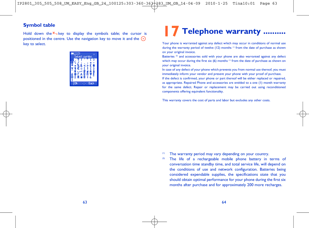 Alcatel OT-505 manual Telephone warranty, Symbol table, Warranty period may vary depending on your country 