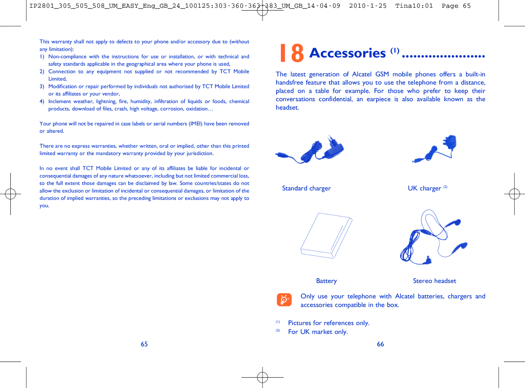 Alcatel OT-505 manual Accessories, Battery Stereo headset 