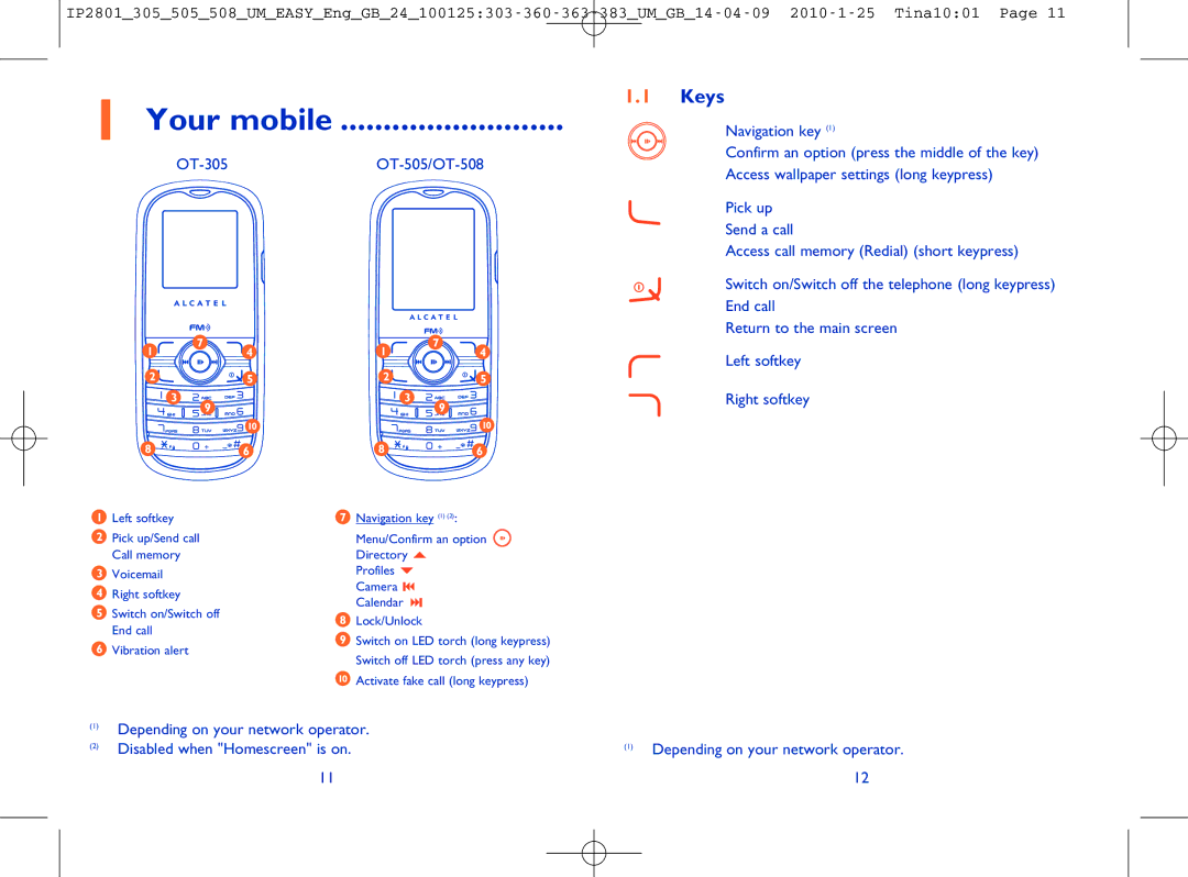 Alcatel manual Your mobile, Keys, OT-305OT-505/OT-508, Depending on your network operator 