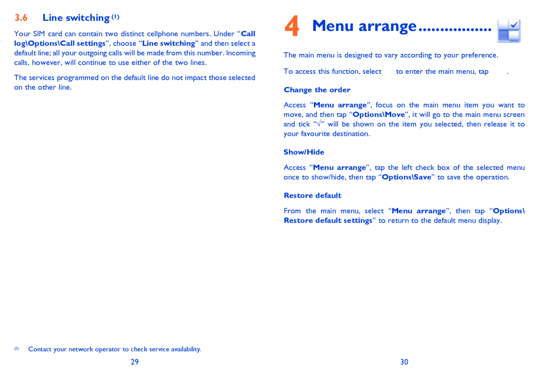 Alcatel OT-806A manual Menu arrange, Line switching, Change the order, Show/Hide, Restore default 