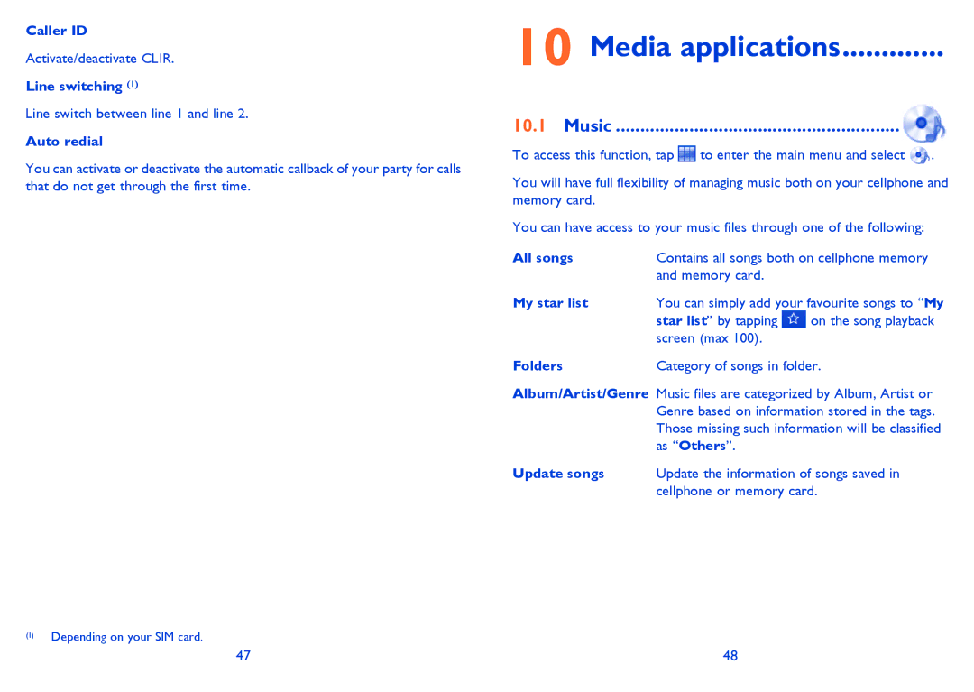 Alcatel OT-806A manual Media applications, Music 