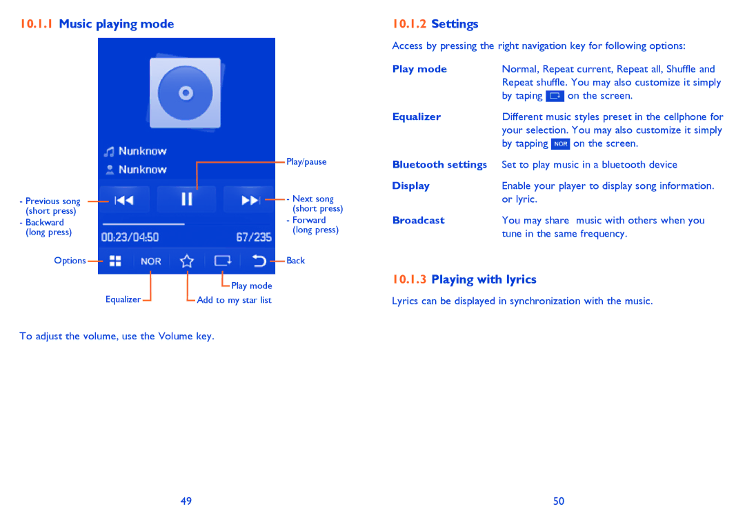 Alcatel OT-806A manual Music playing mode Settings, Playing with lyrics 