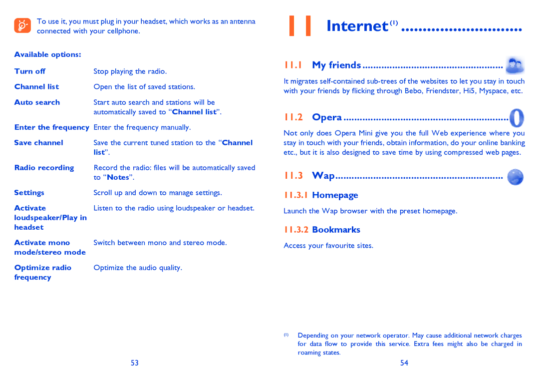 Alcatel OT-806A manual Internet, Opera, 11.3 Wap, Homepage, Bookmarks 
