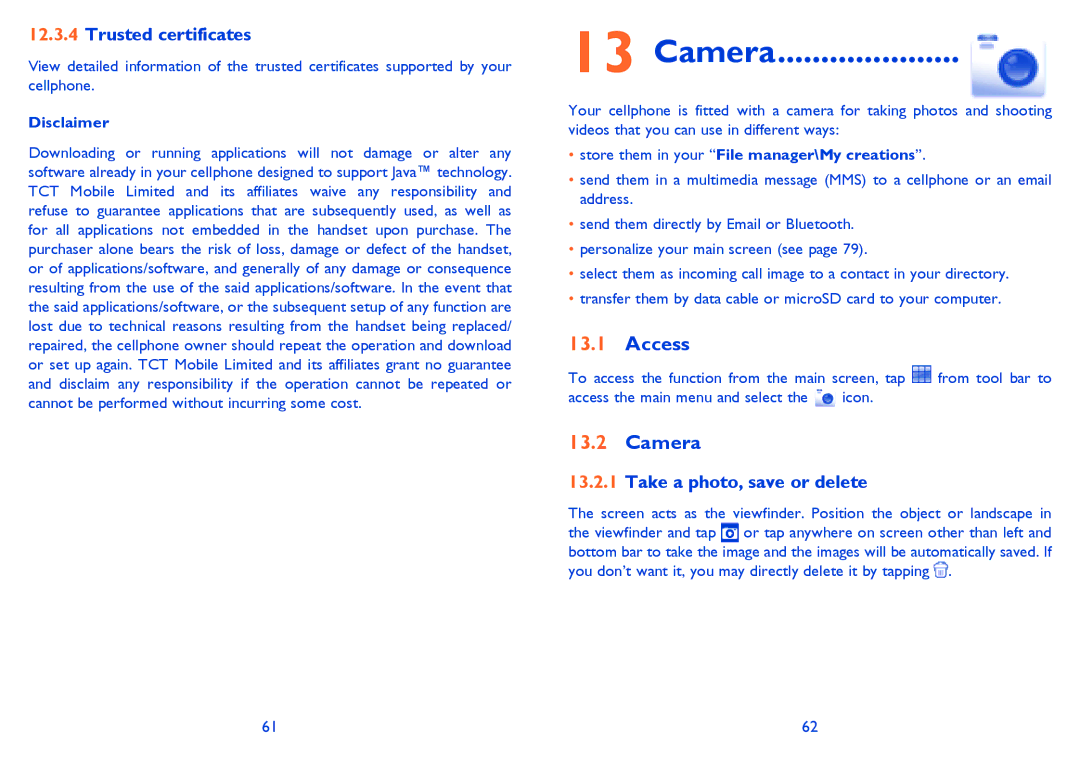 Alcatel OT-806A manual Camera, Trusted certificates, Take a photo, save or delete 