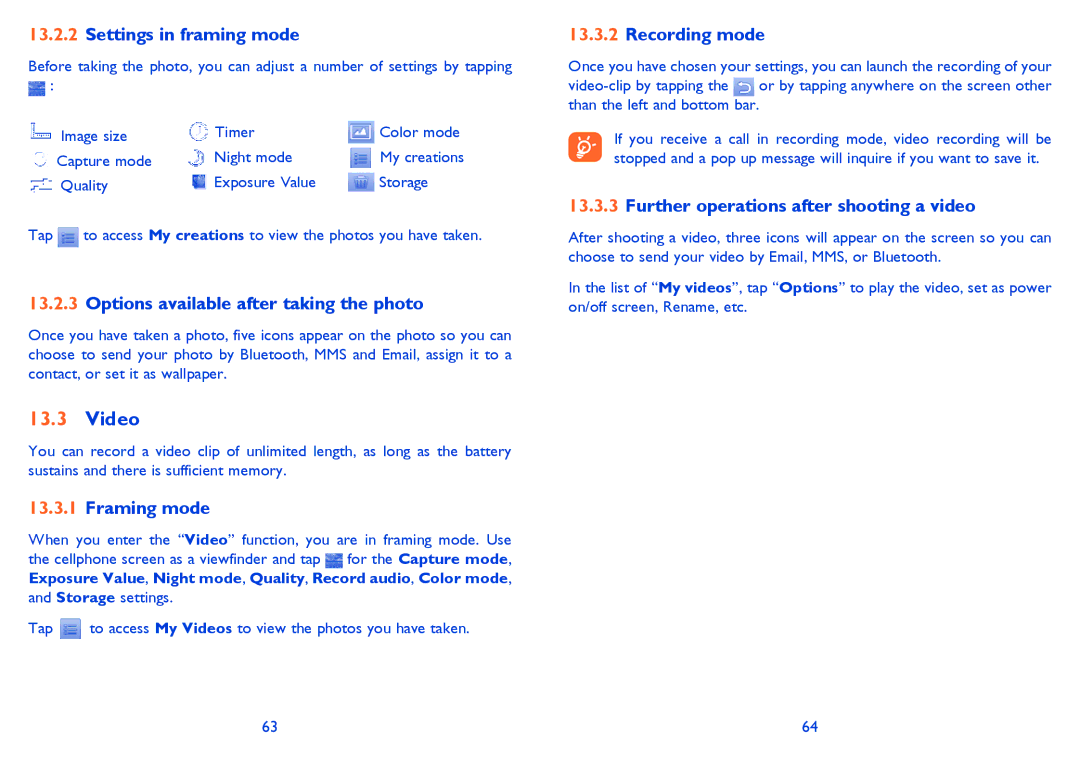 Alcatel OT-806A manual Settings in framing mode, Options available after taking the photo, Framing mode, Recording mode 