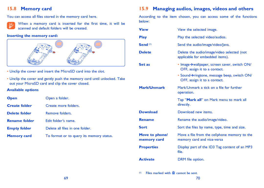 Alcatel OT-806A manual Memory card, Managing audios, images, videos and others 