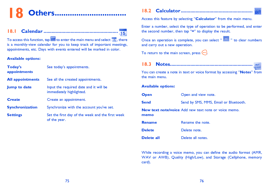 Alcatel OT-806A manual Others, Calendar, Calculator 
