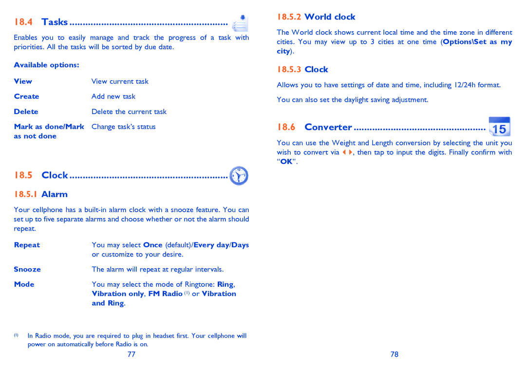 Alcatel OT-806A manual Tasks, Clock, Converter 