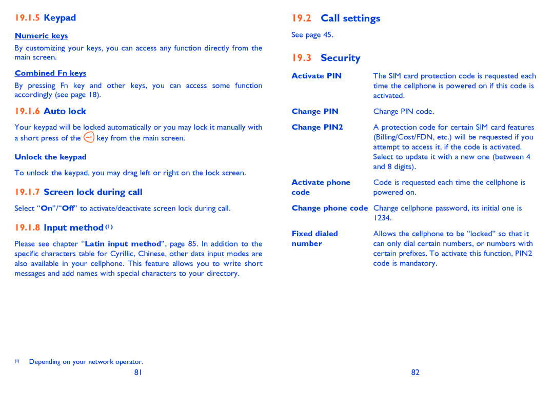 Alcatel OT-806A manual Call settings, Security 