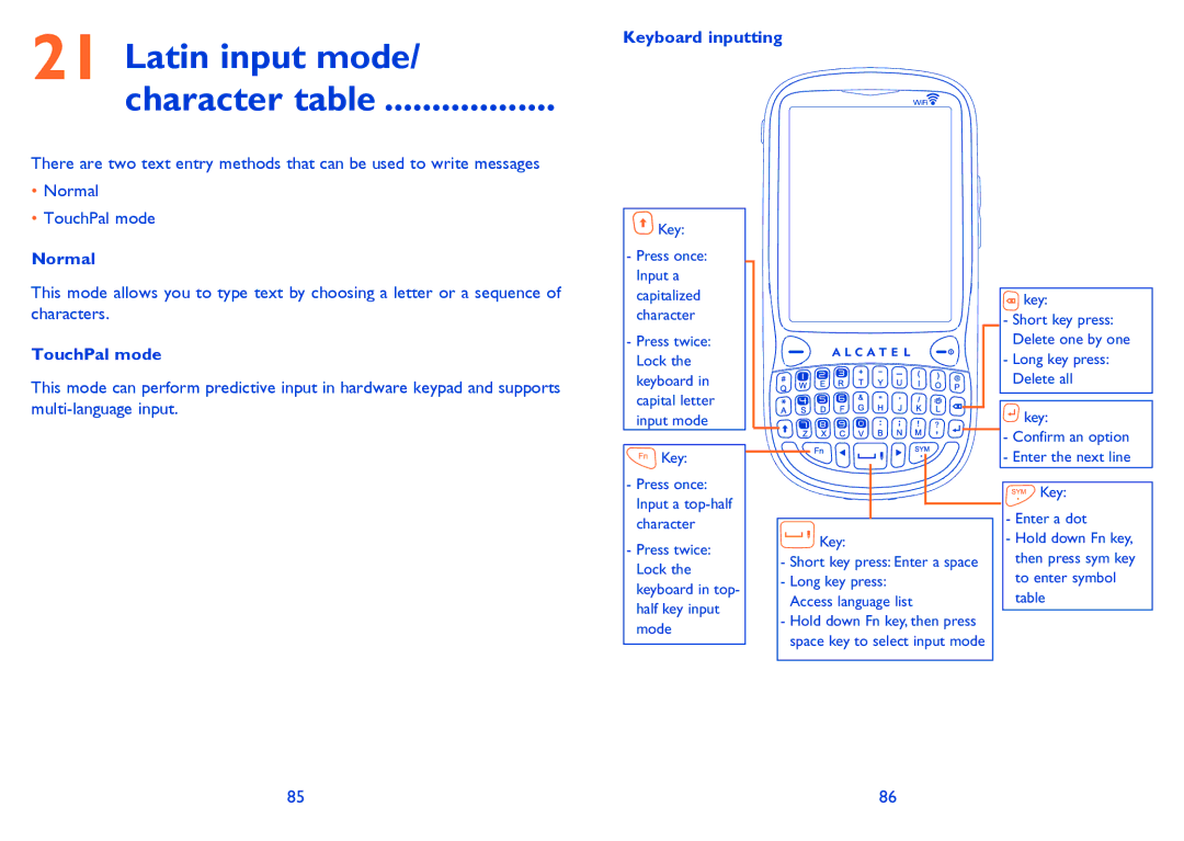 Alcatel OT-806A manual Latin input mode Character table, Keyboard inputting, Normal TouchPal mode 