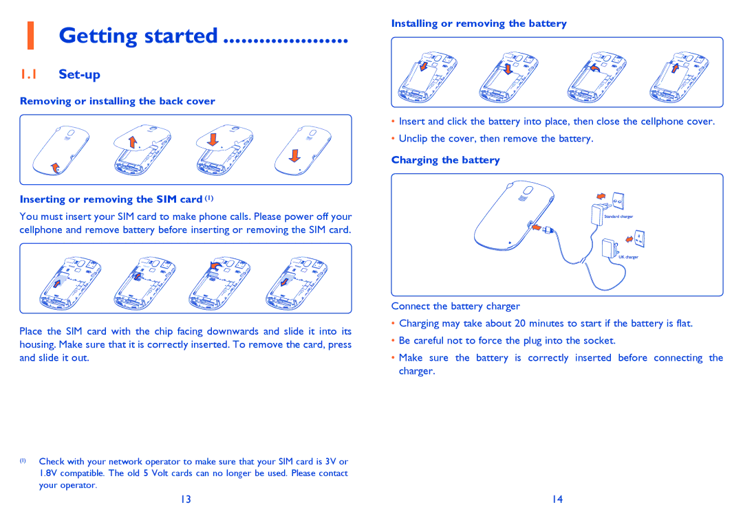 Alcatel OT-806A Getting started, Set-up, Installing or removing the battery, Unclip the cover, then remove the battery 