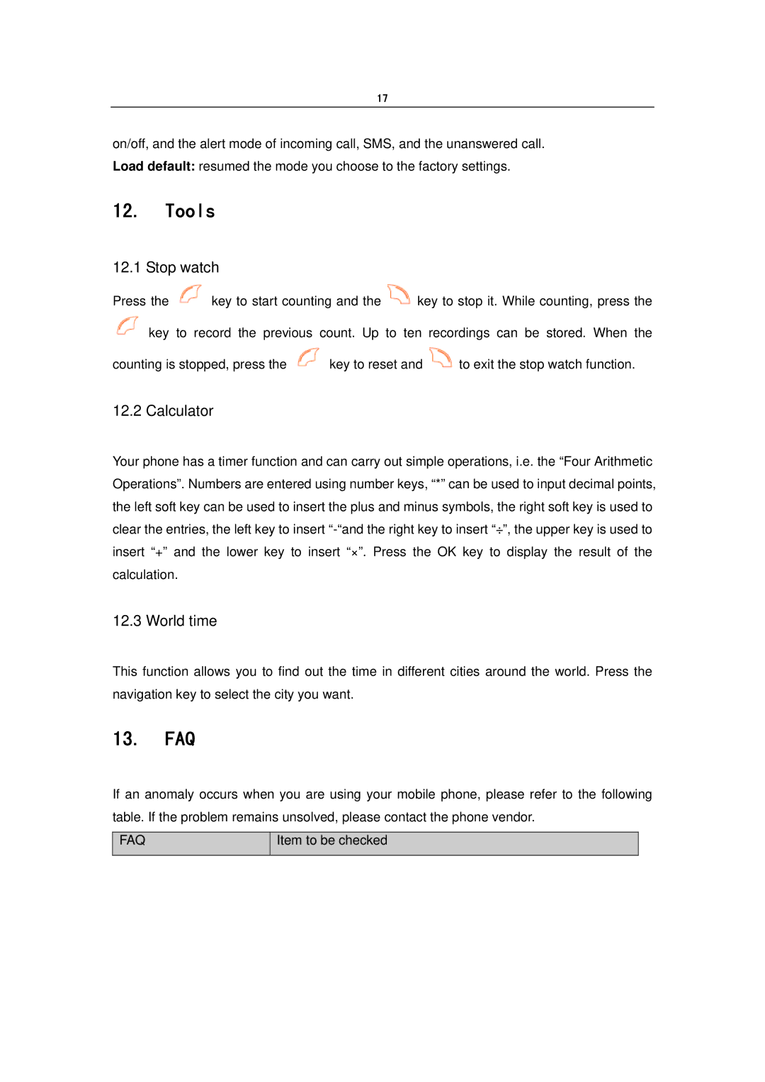 Alcatel OT-E206C manual Tools, Faq, Stop watch, Calculator, World time 
