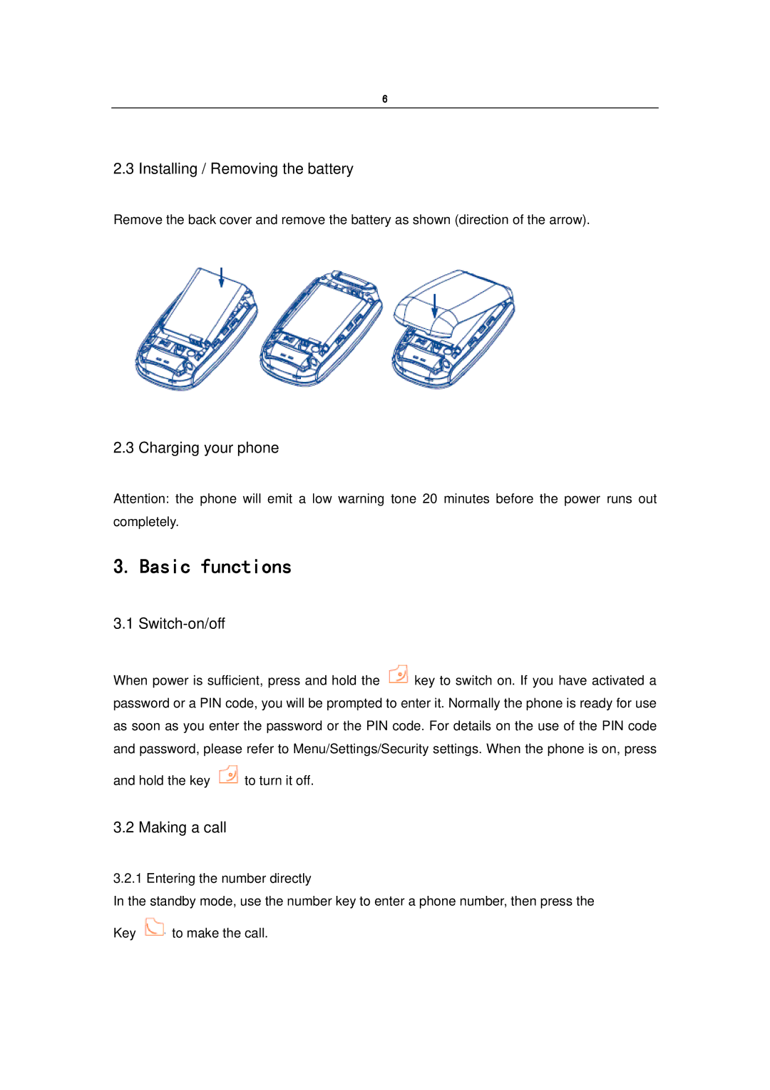 Alcatel OT-E206C Basic functions, Installing / Removing the battery, Charging your phone, Switch-on/off, Making a call 