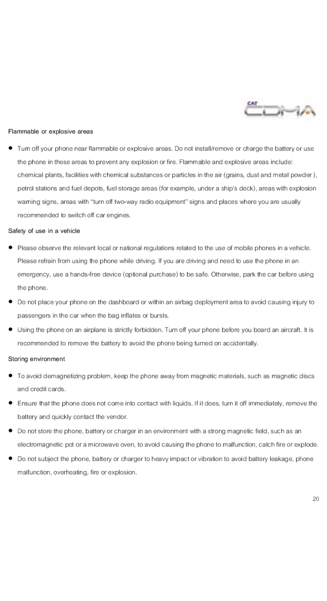 Alcatel OT-V212C manual Flammable or explosive areas, Safety of use in a vehicle, Storing environment 