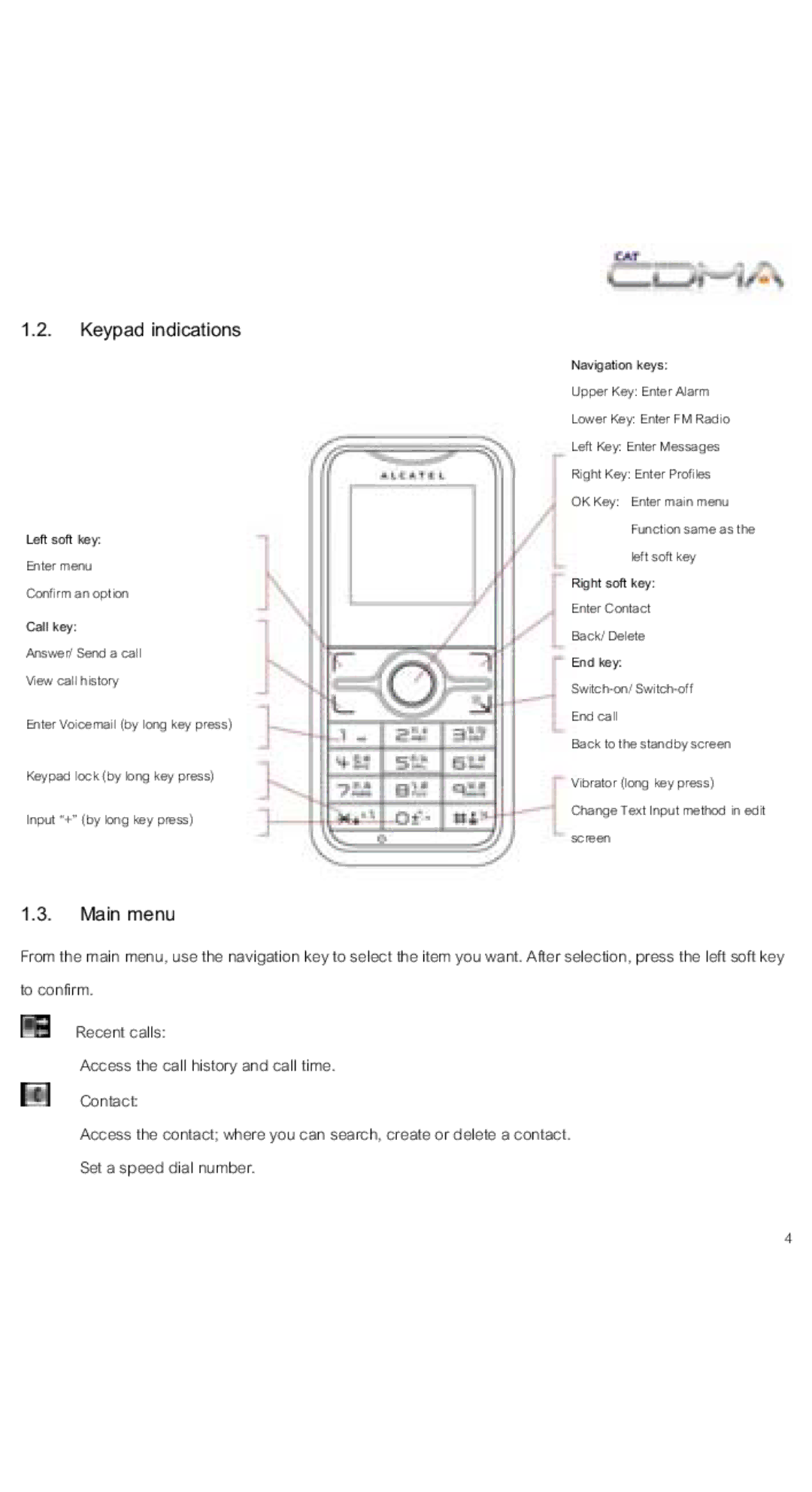 Alcatel OT-V212C manual Keypad indications, Main menu 