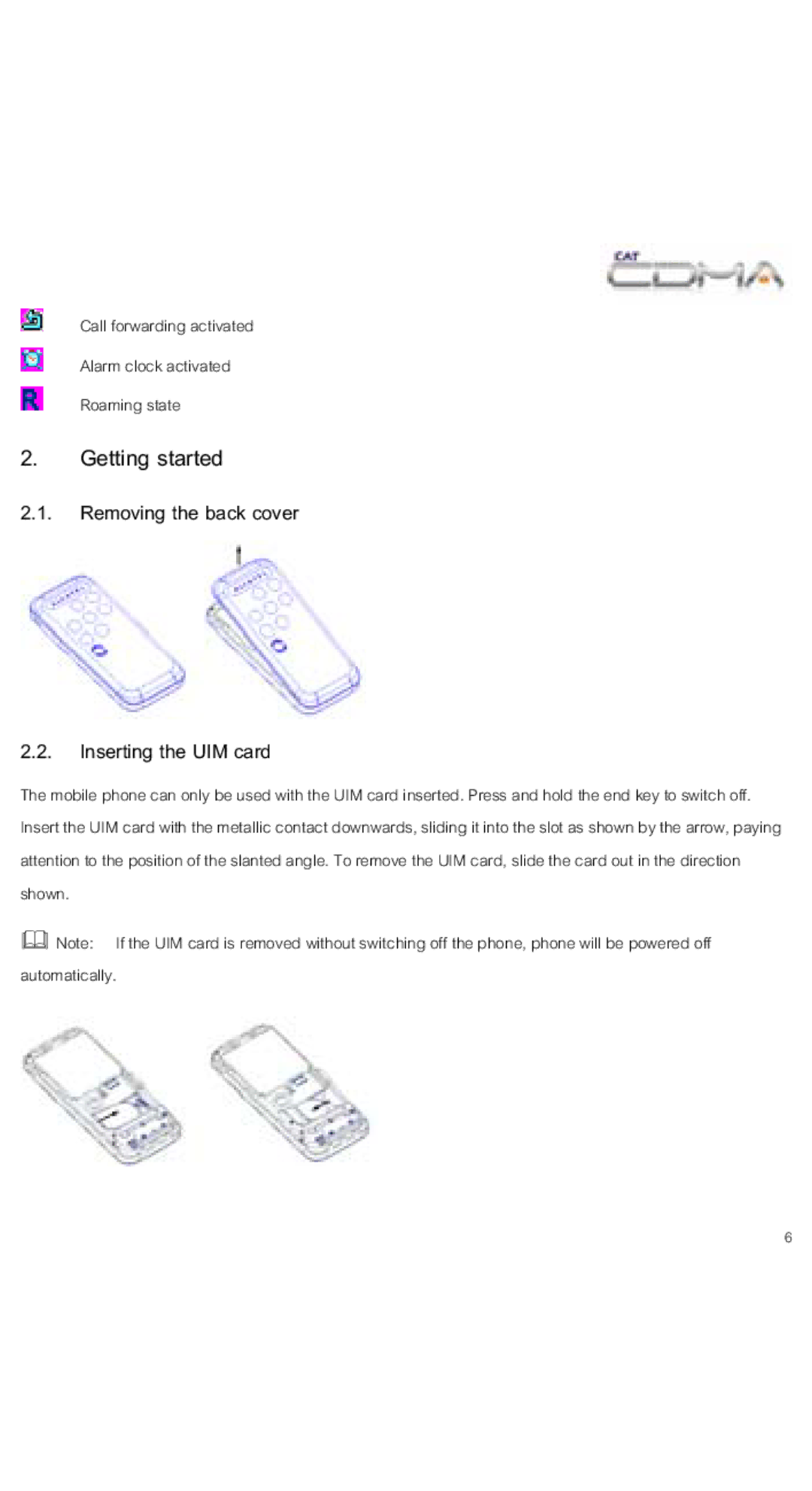 Alcatel OT-V212C manual Getting started, Removing the back cover Inserting the UIM card 