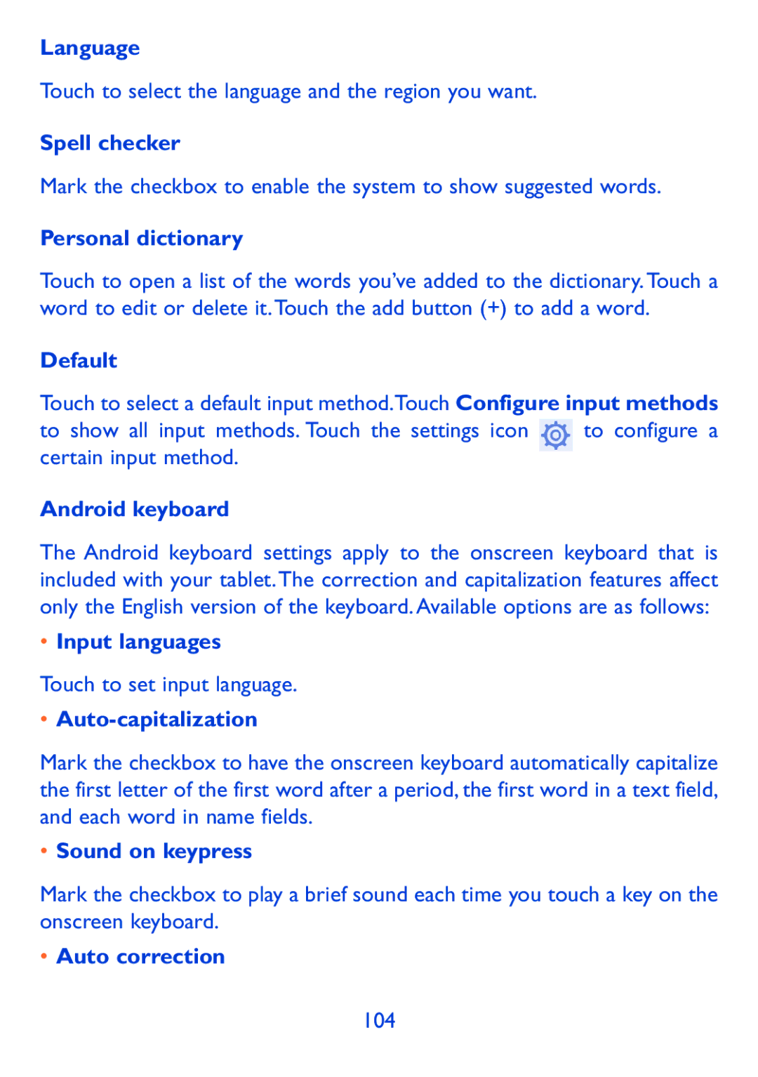 Alcatel Pop 7 Language, Spell checker, Personal dictionary, Default, Android keyboard, Input languages, Sound on keypress 