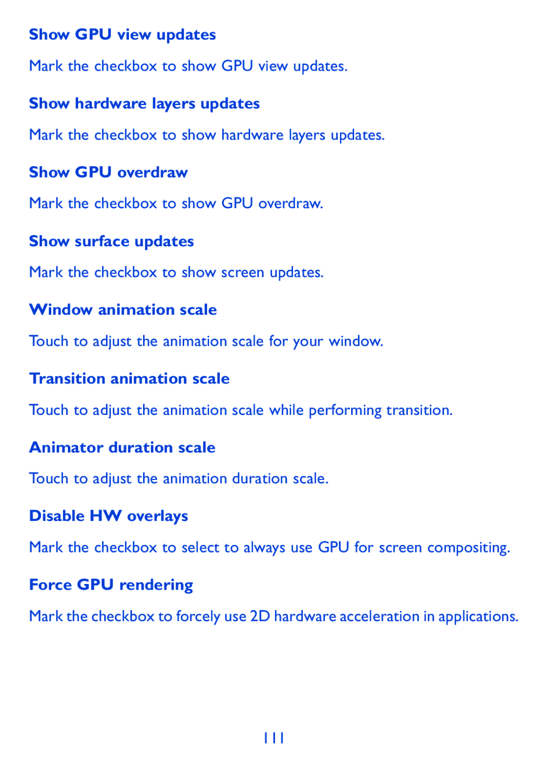 Alcatel P310X, Pop 7 manual Show GPU view updates, Show hardware layers updates, Show GPU overdraw, Show surface updates 