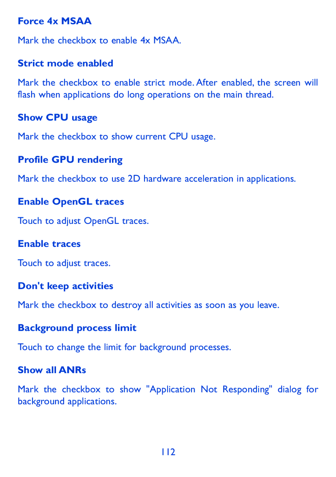 Alcatel Pop 7, P310X manual Force 4x Msaa, Strict mode enabled, Show CPU usage, Profile GPU rendering, Enable OpenGL traces 