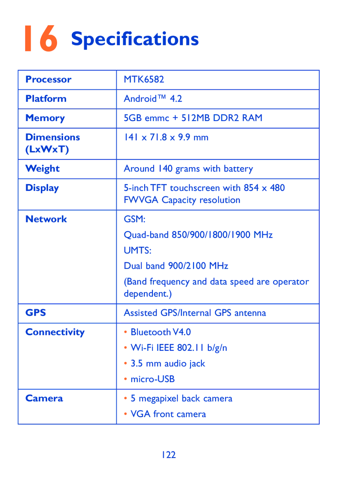 Alcatel Pop 7, P310X manual Specifications 